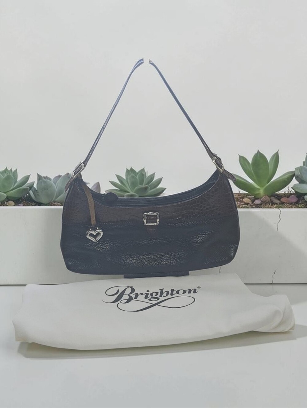 Vintage Brighton Bella Black Brown Leather Shoulder Bag Heart Charm